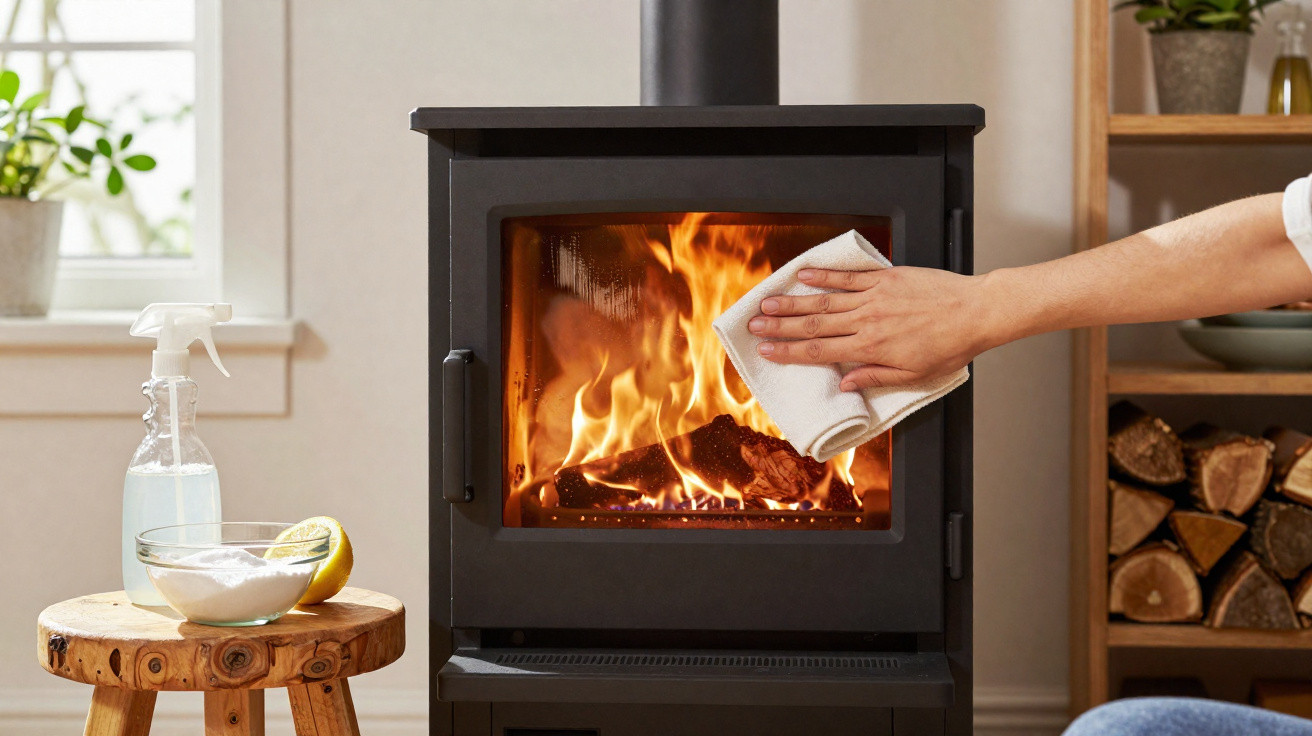 Hand cleaning the glass door of a wood-burning stove with a cloth beside cleaning supplies and stacked firewood.