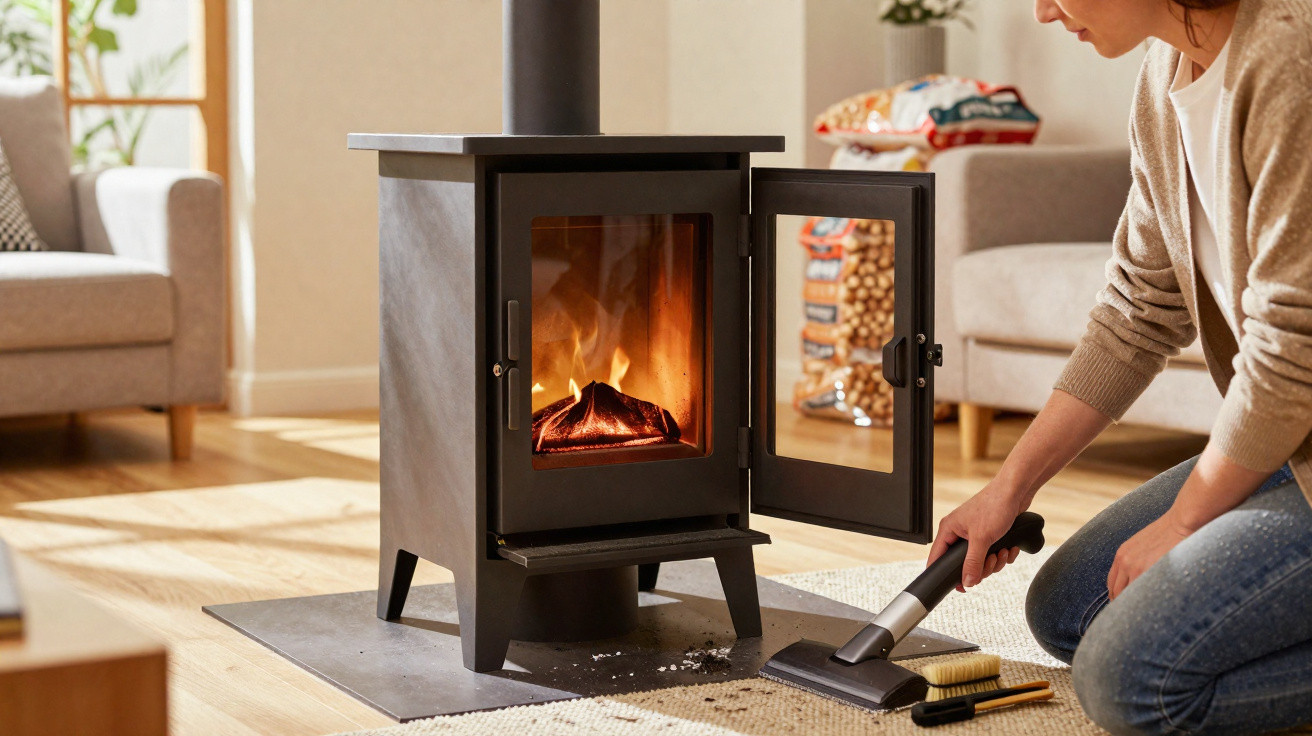Person cleaning the floor near a burning wood stove in a cosy living room with sofas.