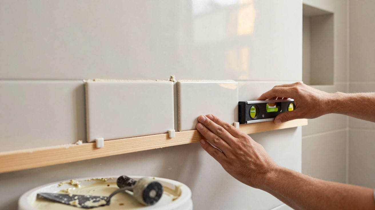 Hands placing and levelling white wall tiles in a bathroom with tile spacers and a spirit level.