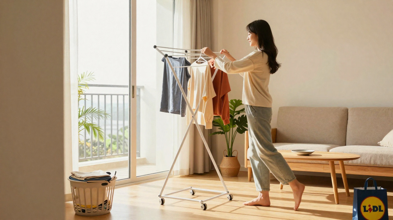 Woman hanging clothes on a drying rack in a bright living room with a laundry basket and Lidl shopping bag nearby