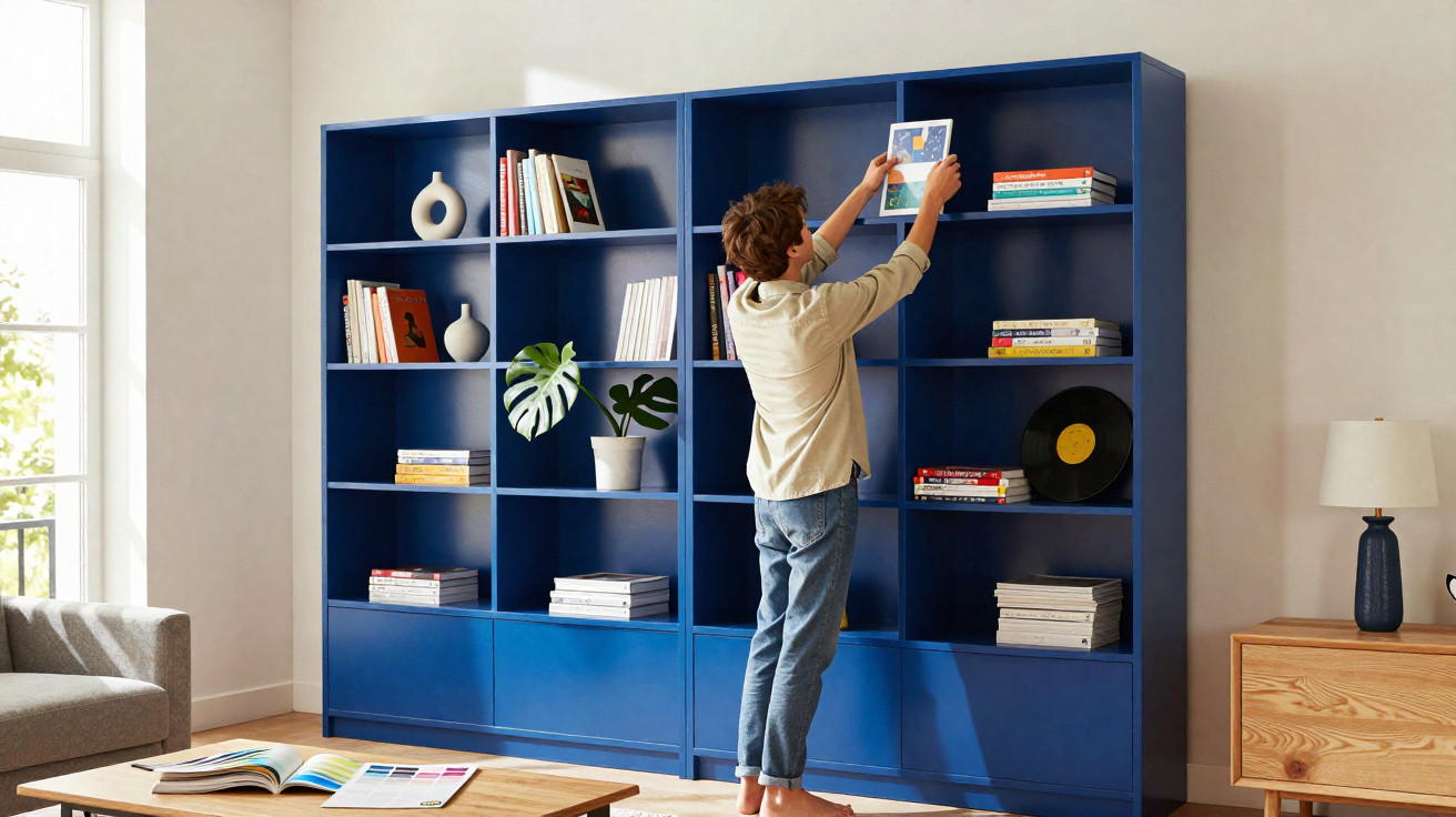 Boy arranging books on a large blue bookshelf in a bright, modern living room with wooden furniture.