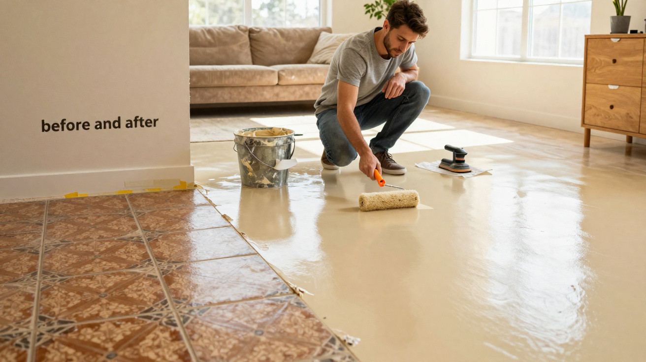 Man applying smooth cream-coloured floor coating over old patterned tiles in bright living room.
