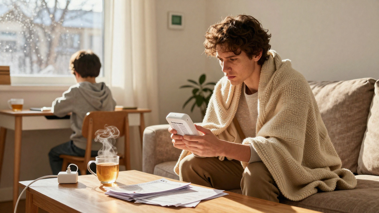Young man wrapped in a blanket using a calculator with bills on a coffee table, child studying in the background.