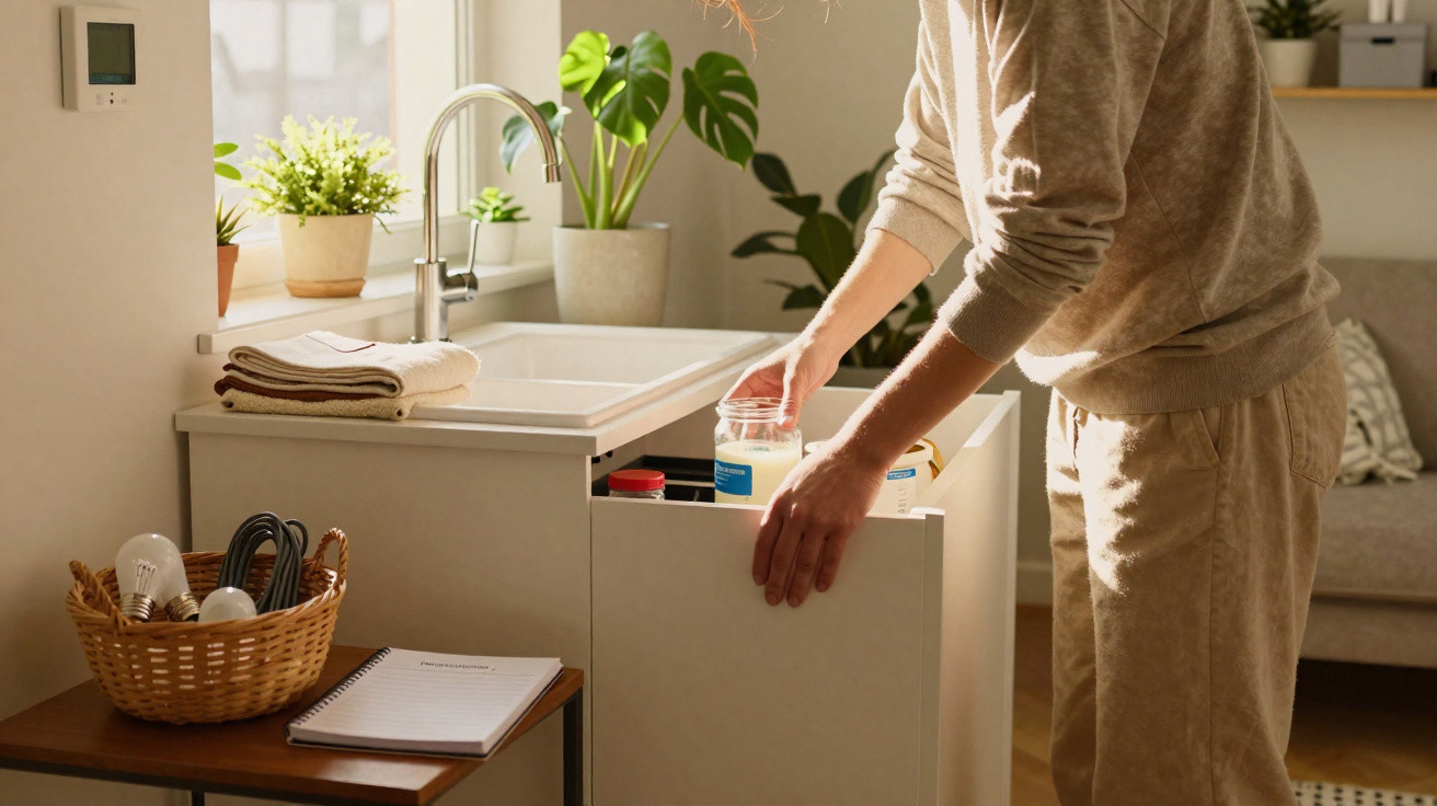 Person opening a kitchen cabinet drawer near a sink with plants on the windowsill in natural light.