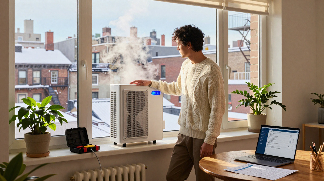 Person in a cream sweater adjusting a white humidifier by a window in a bright room with plants and a laptop on a table.