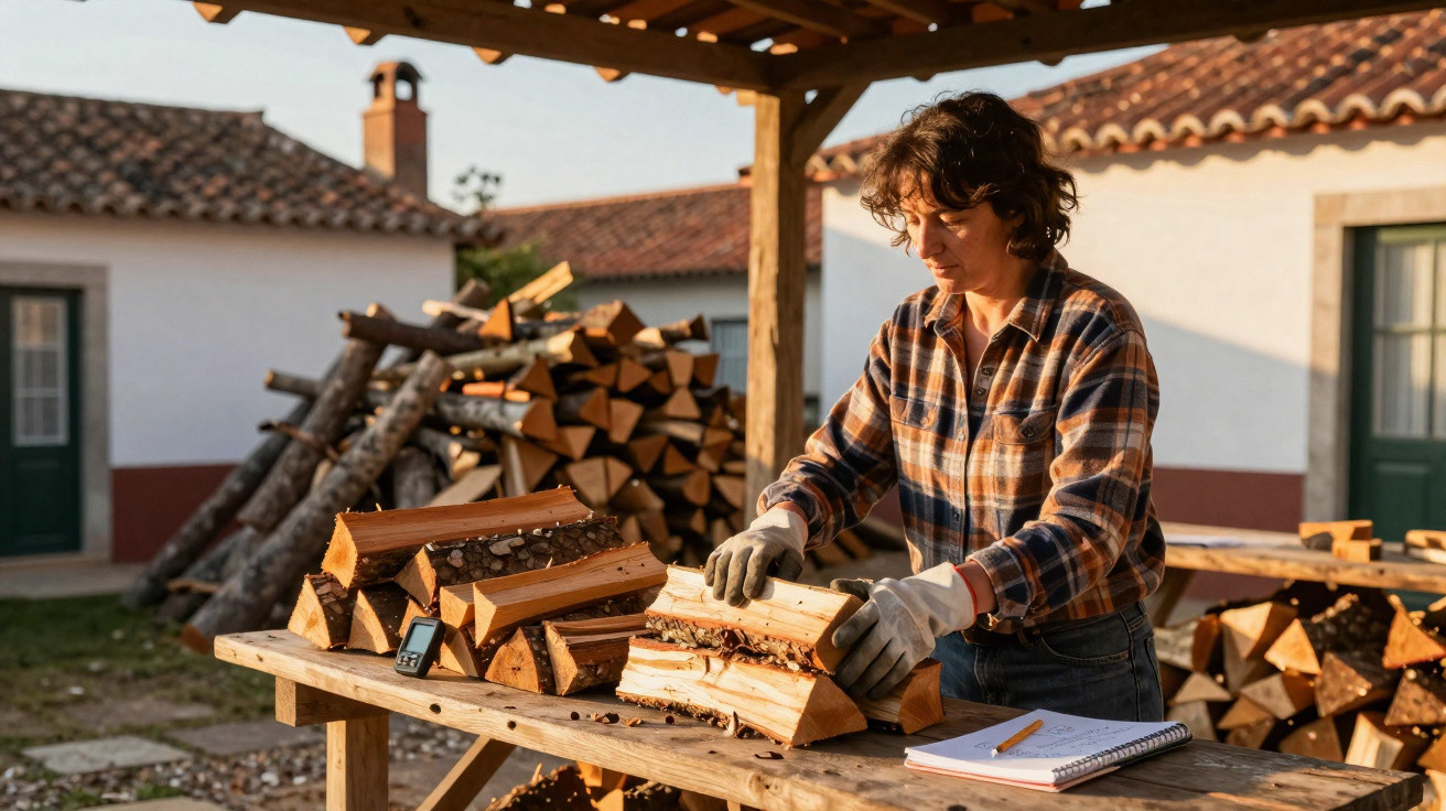 Person stacking chopped firewood on a wooden table outside under a shelter at sunset.