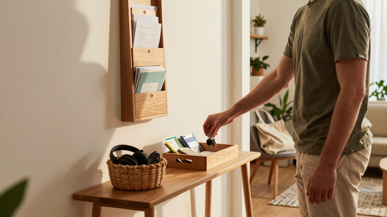 Person placing keys in wooden organiser tray on hallway console table with basket and wall-mounted file holder.