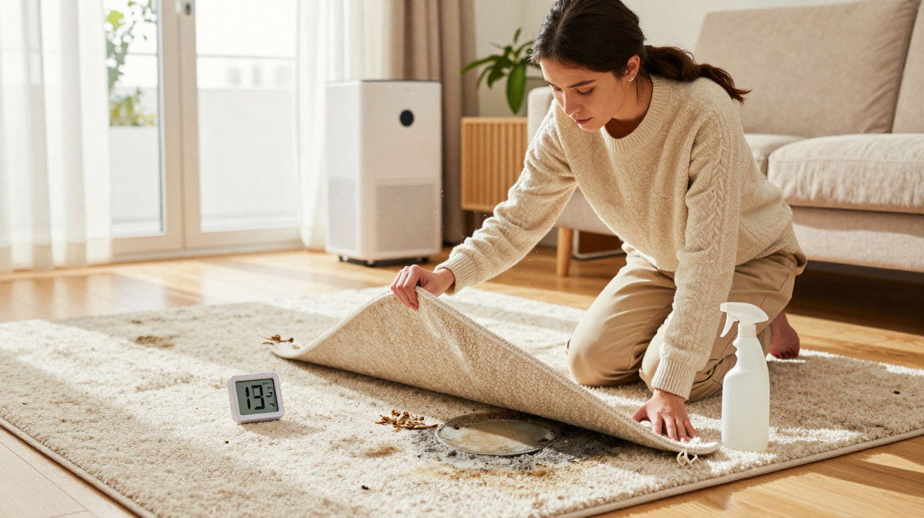Woman lifting carpet to check damp patch with spray bottle and digital humidity meter nearby in bright living room.