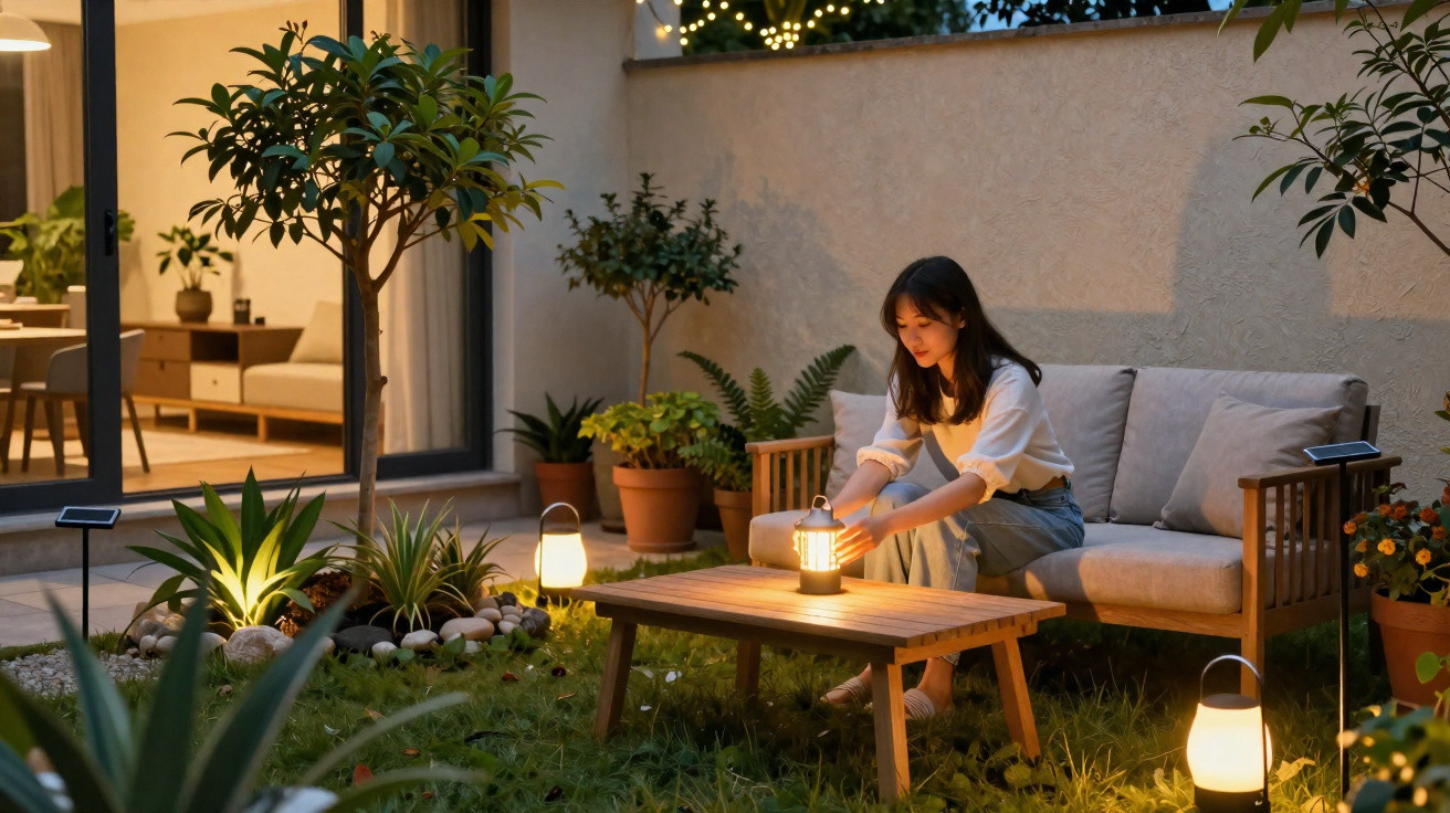 Woman lighting a lantern on a wooden table in a cosy garden seating area at dusk.