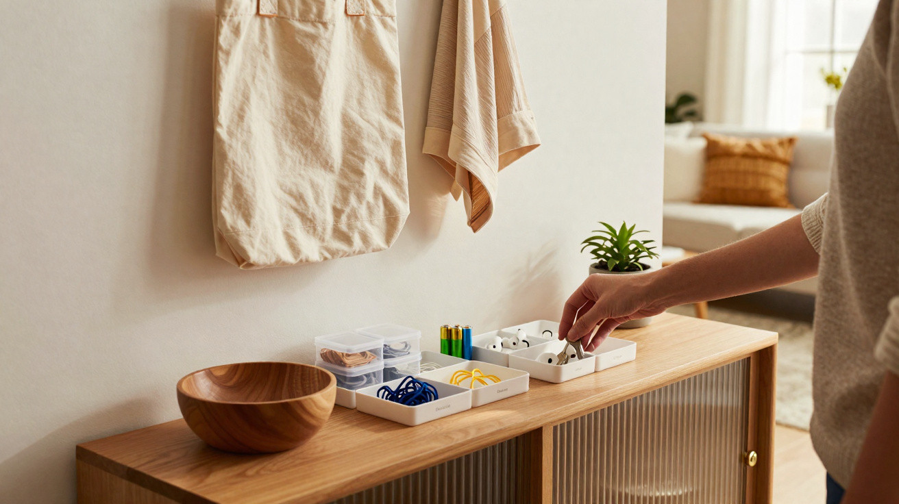 Person organising small items like stationery and earbuds on a wooden sideboard in a cosy living room.