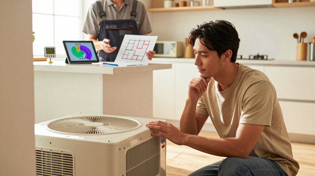 Young man inspecting an air conditioning unit indoors while a technician explains installation plans in the background.