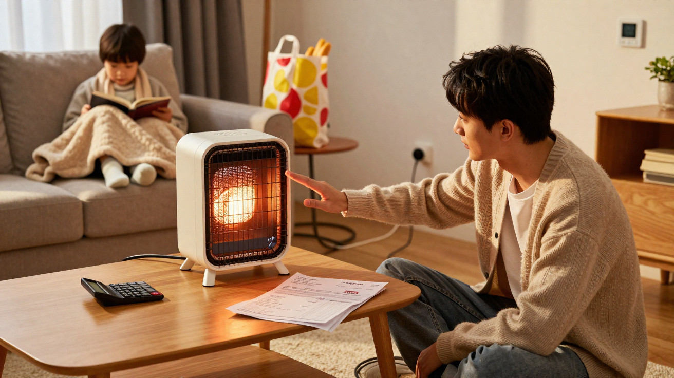 Man warming hand by heater on table while child reads book wrapped in blanket on sofa