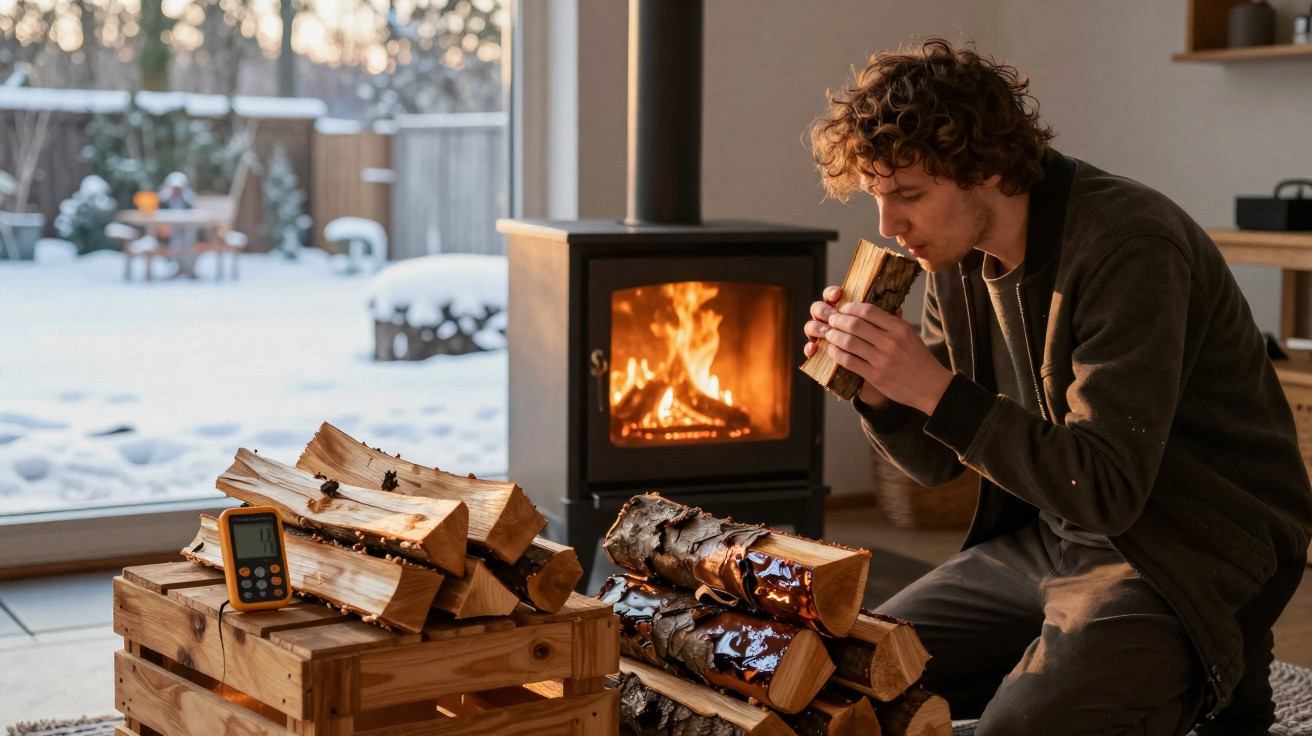 Man smelling firewood near a lit wood-burning stove in a cosy room with snowy garden outside.