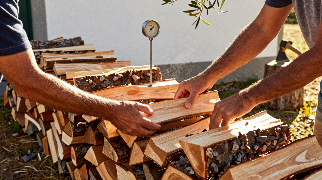 Two pairs of hands stacking firewood on a rack outdoors with a moisture meter inserted in the wood.
