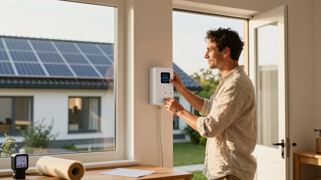 Man adjusting a white wall-mounted smart device near an open door with solar panels visible on a neighbouring house.