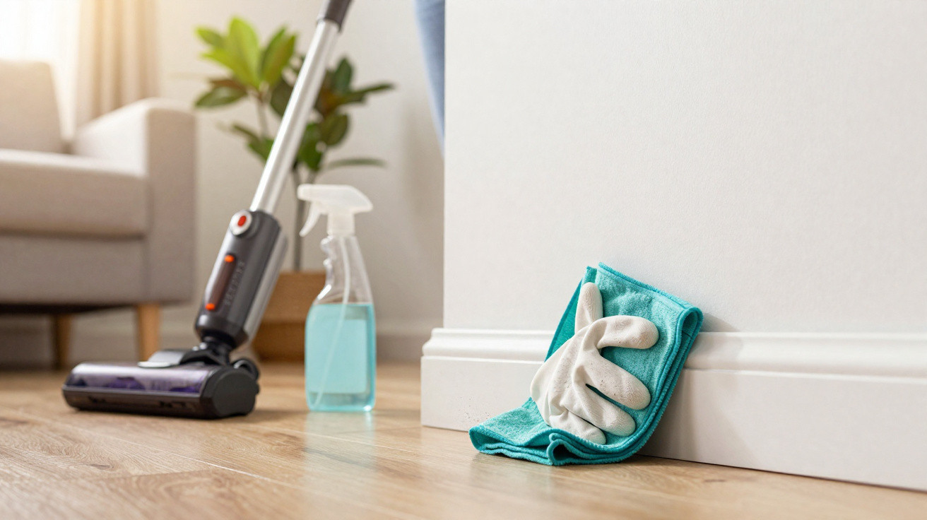 Microfibre cloth with gloves and spray bottle on wooden floor with person vacuuming a living room in background.