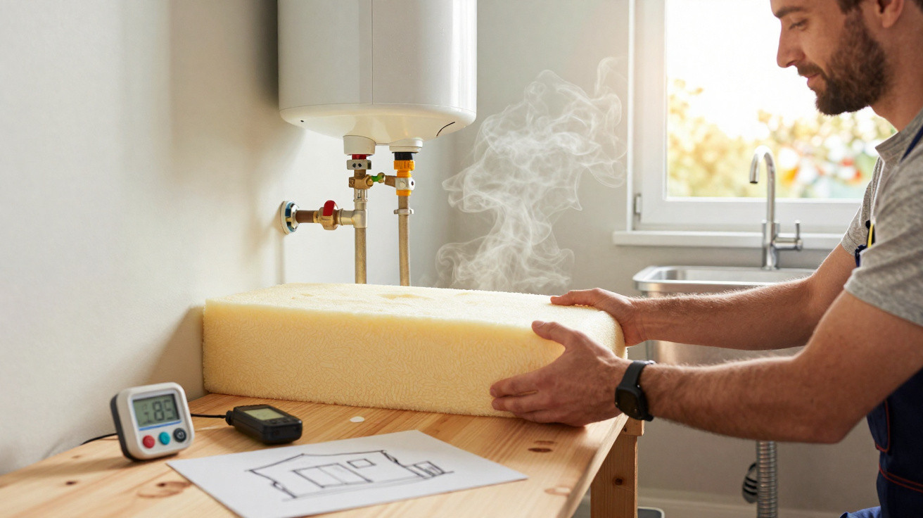 Man placing foam block under steaming water heater on wooden bench with a floor plan and thermal devices nearby