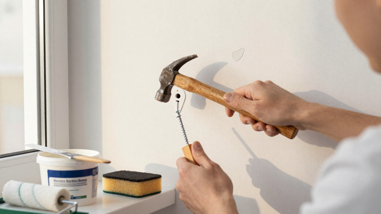 Person using a hammer to insert a wall anchor screw into a white wall near a window with painting supplies nearby.