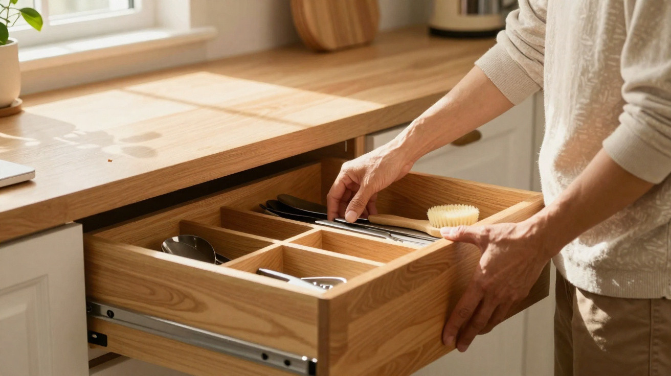 Person organising wooden kitchen drawer with cutlery and a dish brush under natural light from a window