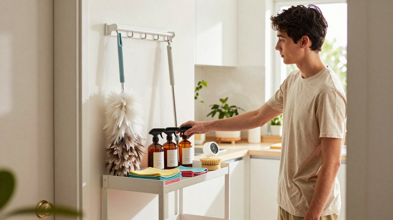 Young man reaching for a spray bottle on a cleaning supply cart in a bright kitchen.
