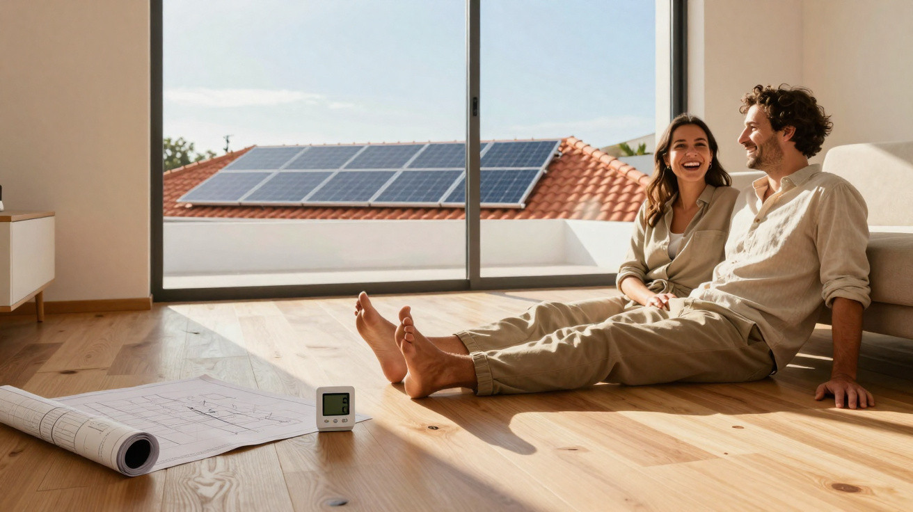 Couple sitting on wooden floor inside bright room with solar panels visible on roof through window.