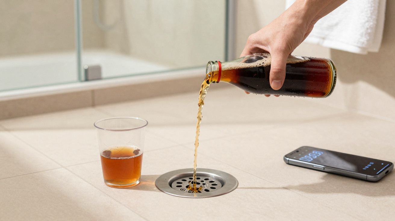 Hand pouring dark soda from a glass bottle into a floor drain next to a plastic cup and smartphone on a tiled surface.
