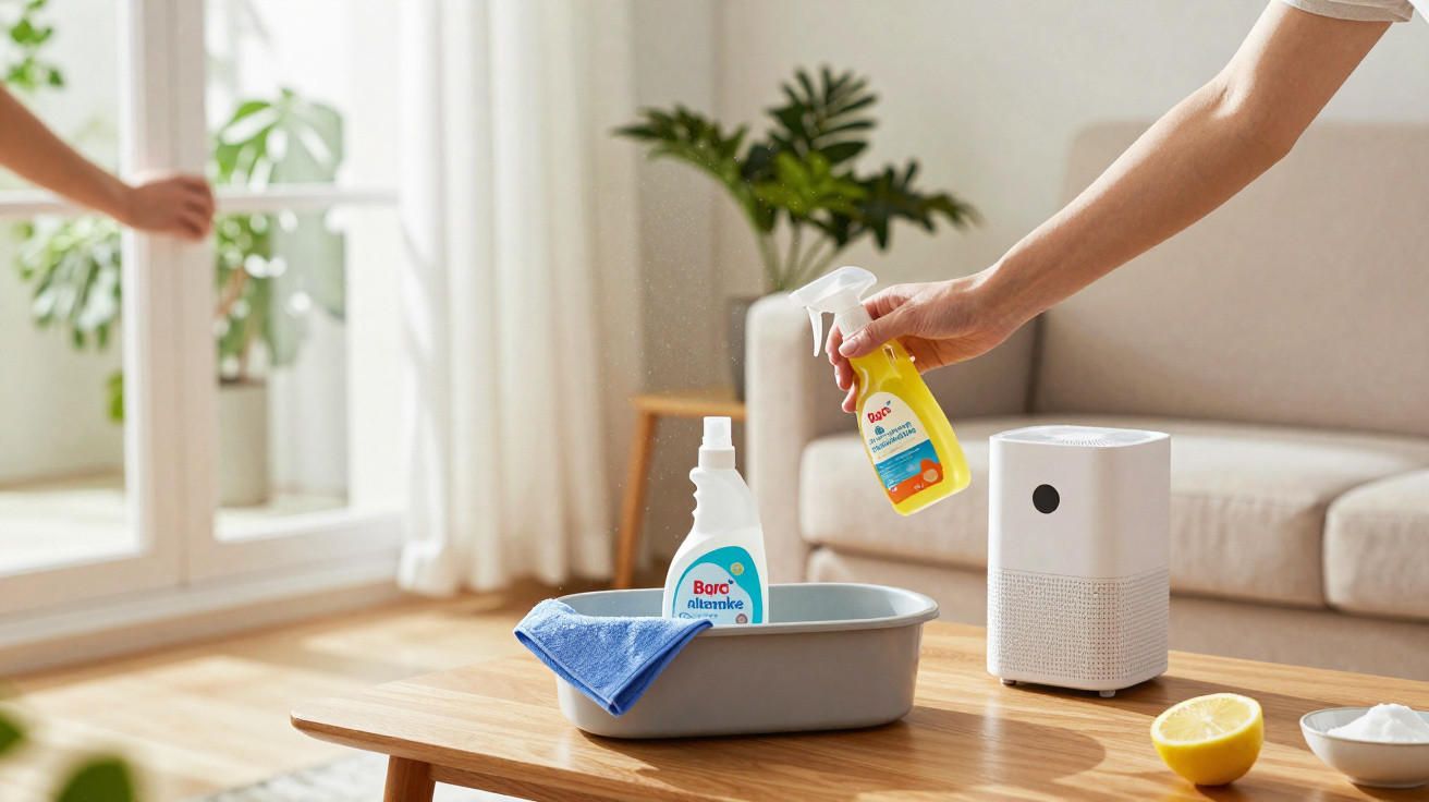 Person spraying yellow cleaning product near air purifier on wooden table in bright living room.