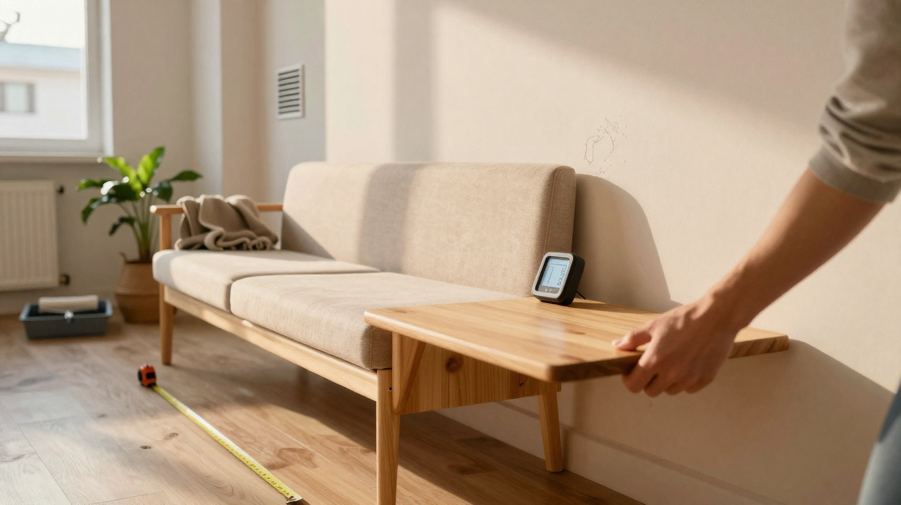 Person extending wooden side table attached to beige sofa in a bright, minimalist living room.