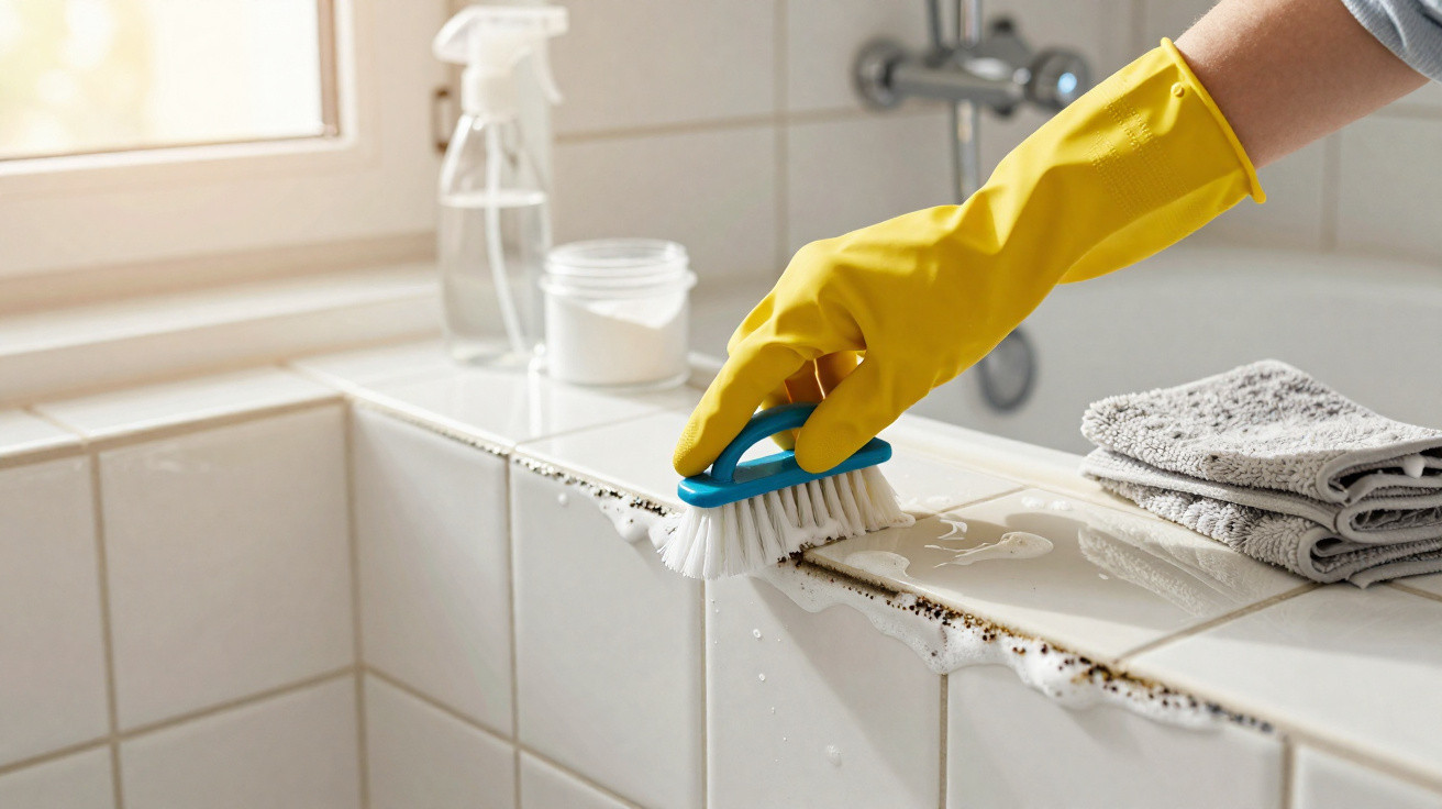 Hand in yellow glove scrubbing black mould from white bathroom tiles with brush and cleaning supplies nearby.