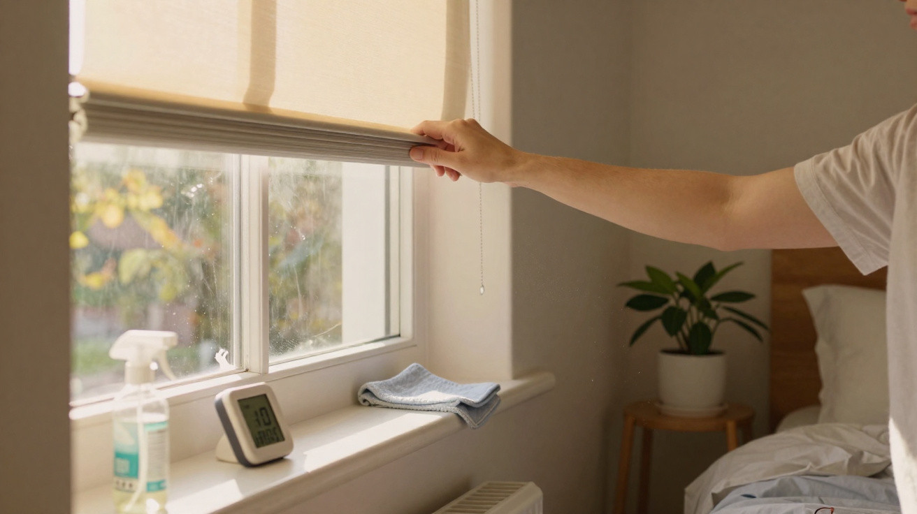 Person opening a window blind in a sunlit bedroom with a plant on a stool and cleaning supplies on the windowsill.