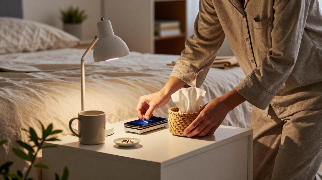 Person in beige pajamas placing a woven tissue box on a bedside table with a lamp and smartphone.