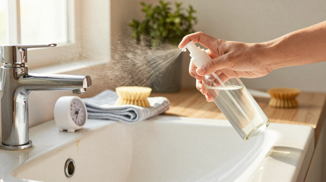Hand spraying cleaning solution onto a bathroom sink with faucet and cleaning brushes nearby.