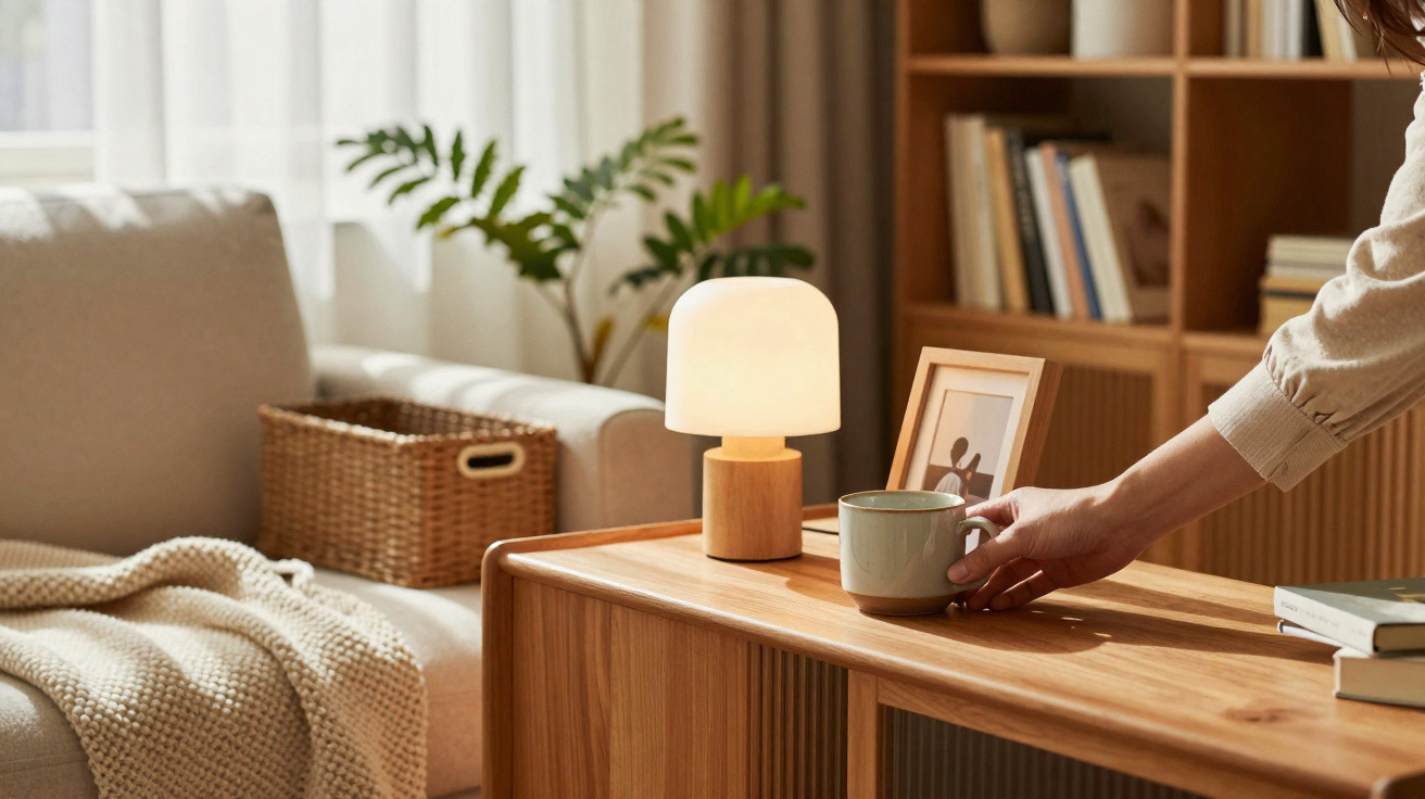 Hand placing a green mug on a wooden side table with a lit lamp, photo frame, and books in a cozy living room.