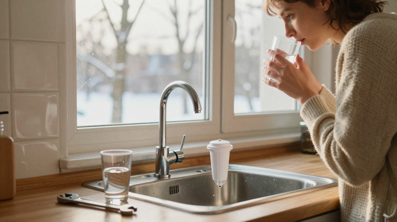 Person drinking a glass of water by a kitchen sink with a water filter attached to the tap.