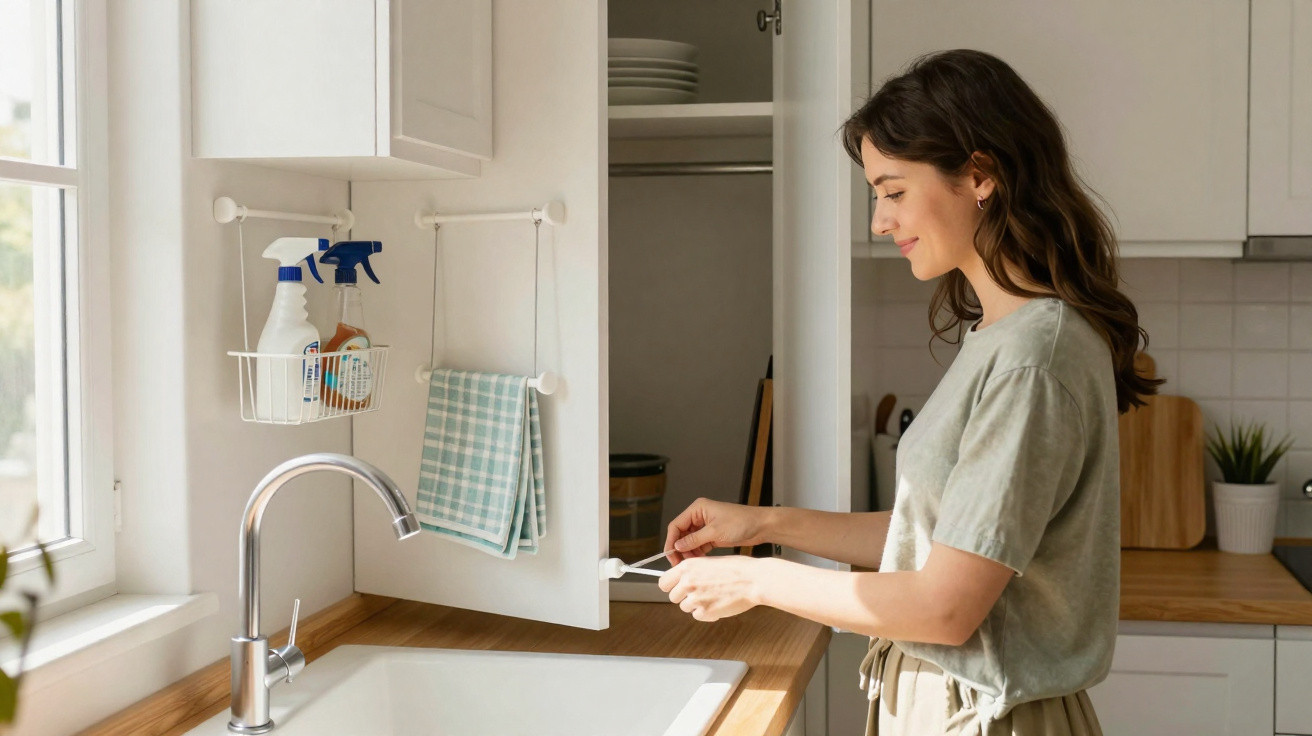 Woman opening a kitchen cabinet door above a wooden countertop with cleaning supplies and a window nearby.