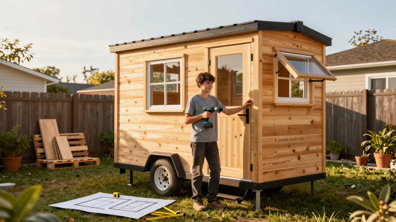 Boy holding a drill opens door of small wooden mobile shed in a fenced garden with tools and plants nearby.