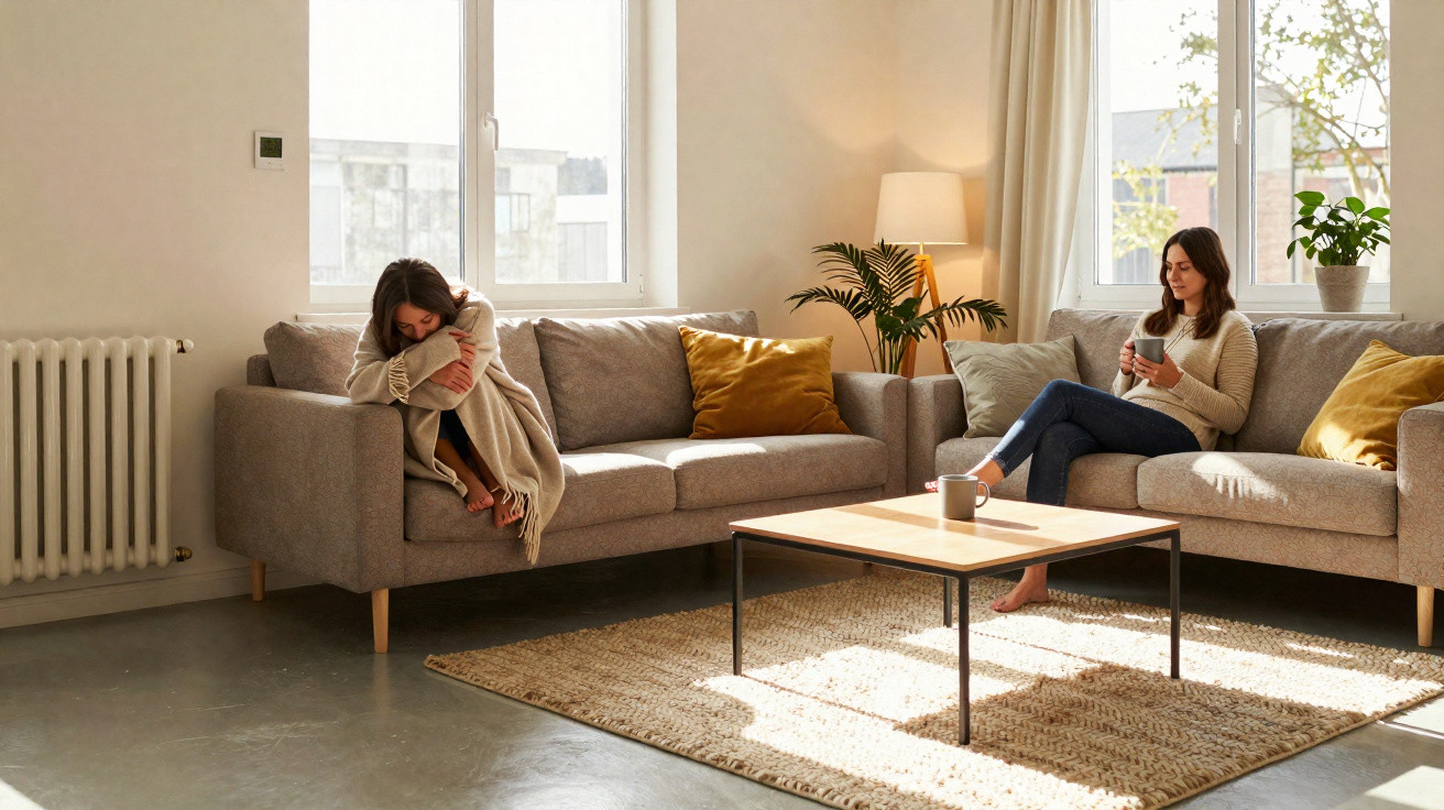 Two women sit separately on grey sofas in a sunlit living room, one comforting herself, the other using a phone.