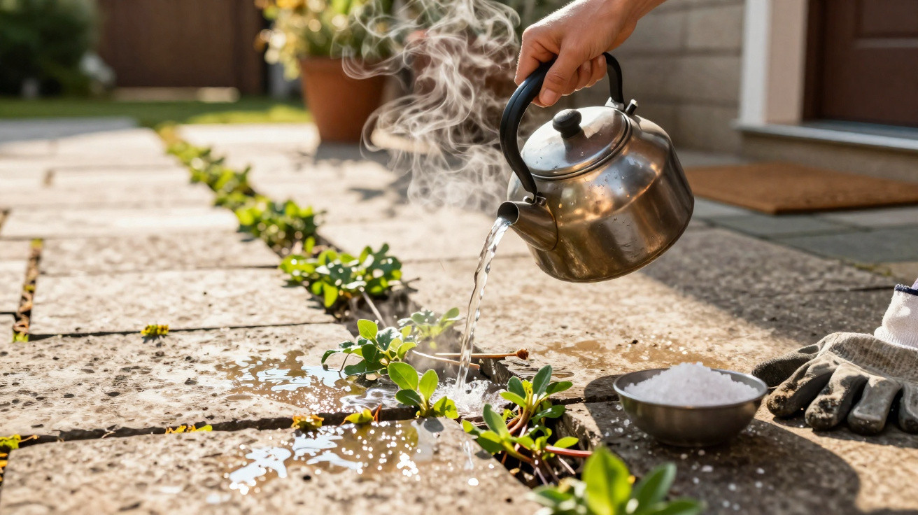Hand pouring steaming water from kettle onto plants growing between stone patio slabs outdoors.