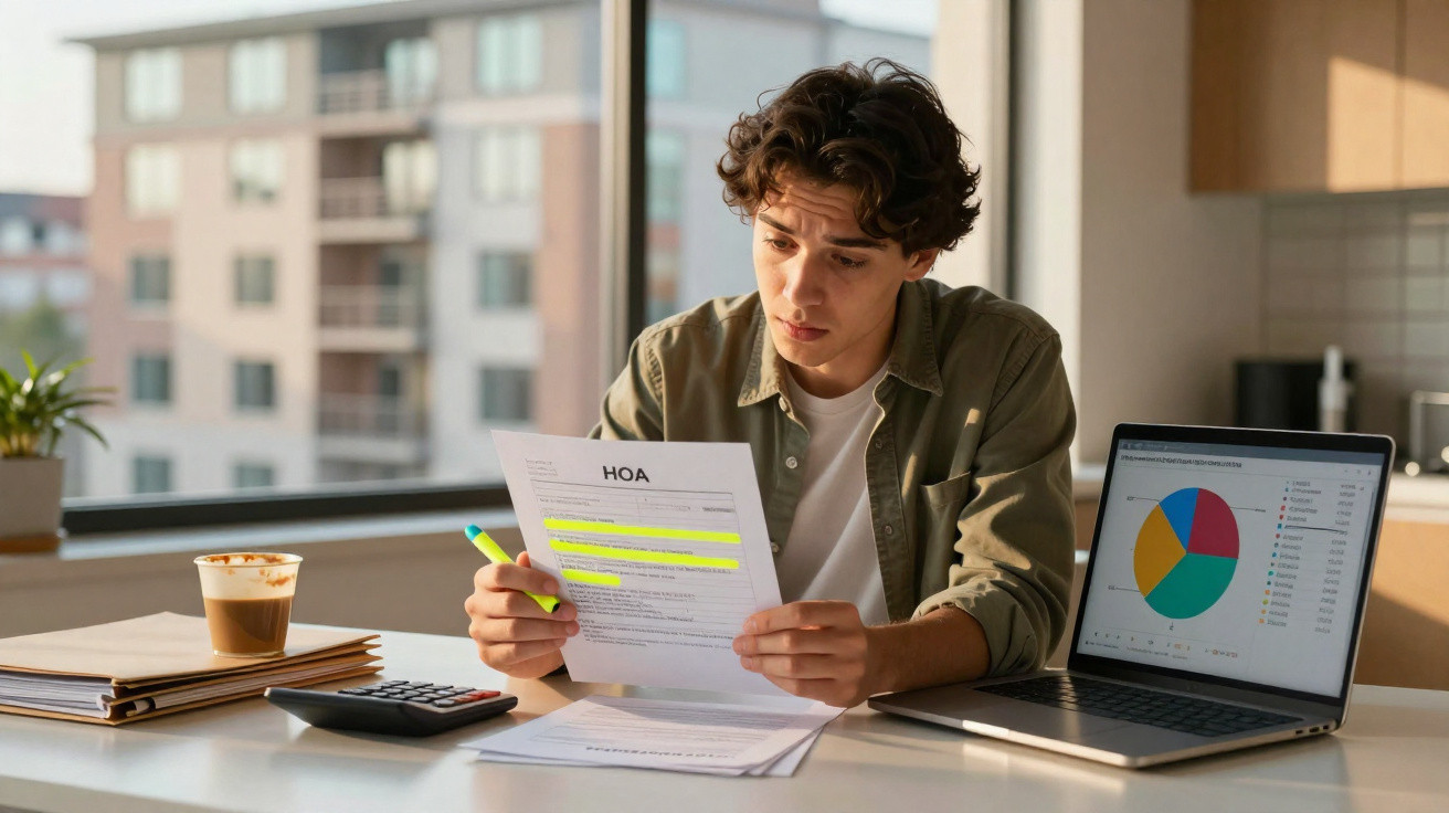 Young man reviews highlighted HOA document with laptop showing pie chart and calculator on table in bright room.