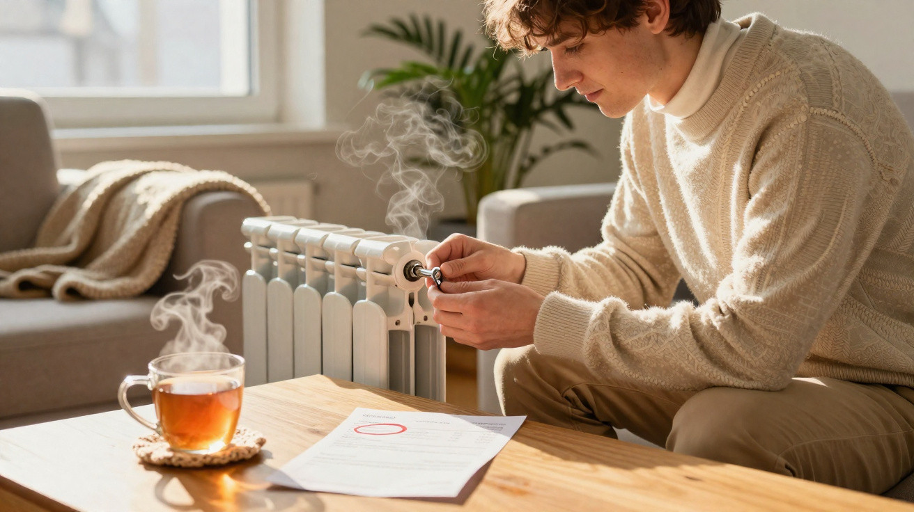 Young man adjusting a radiator valve in a cosy living room with a steaming cup of tea on the table.