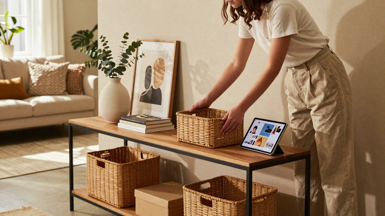 Woman organising wicker storage baskets on a wooden console table in a sunlit living room.