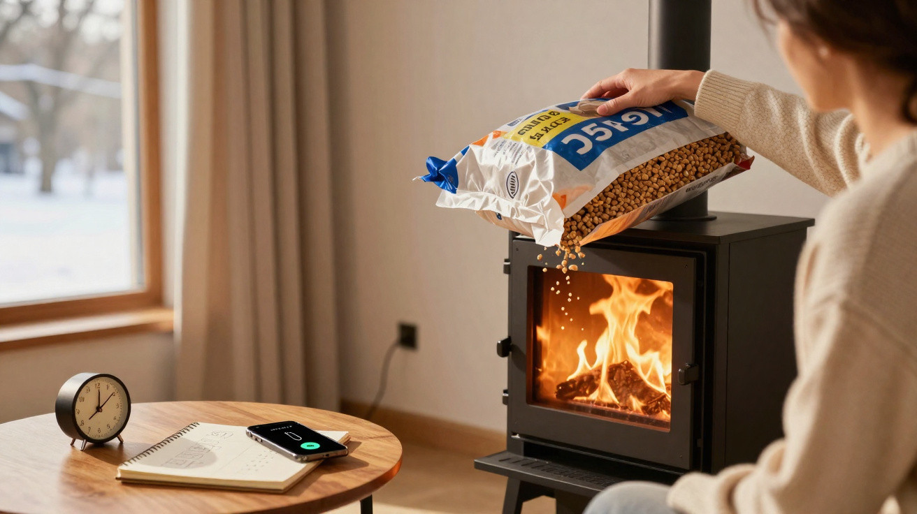 Person pouring wood pellets into a burning stove in a cosy, softly lit living room with a clock and phone on a table.