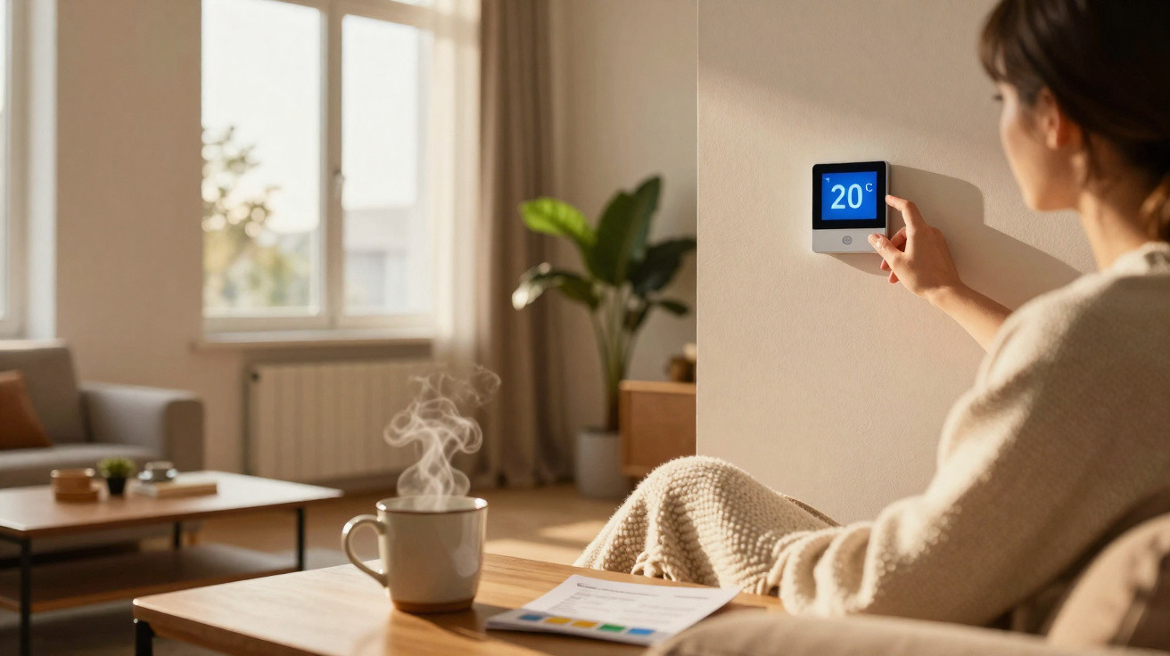 Person adjusting a digital thermostat to 20°C in a cosy, sunlit living room with a steaming mug on the table.