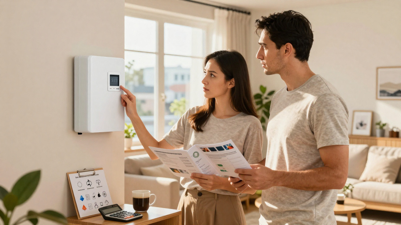 Young couple adjusting a wall-mounted home energy monitor while reviewing a brochure in a bright living room.