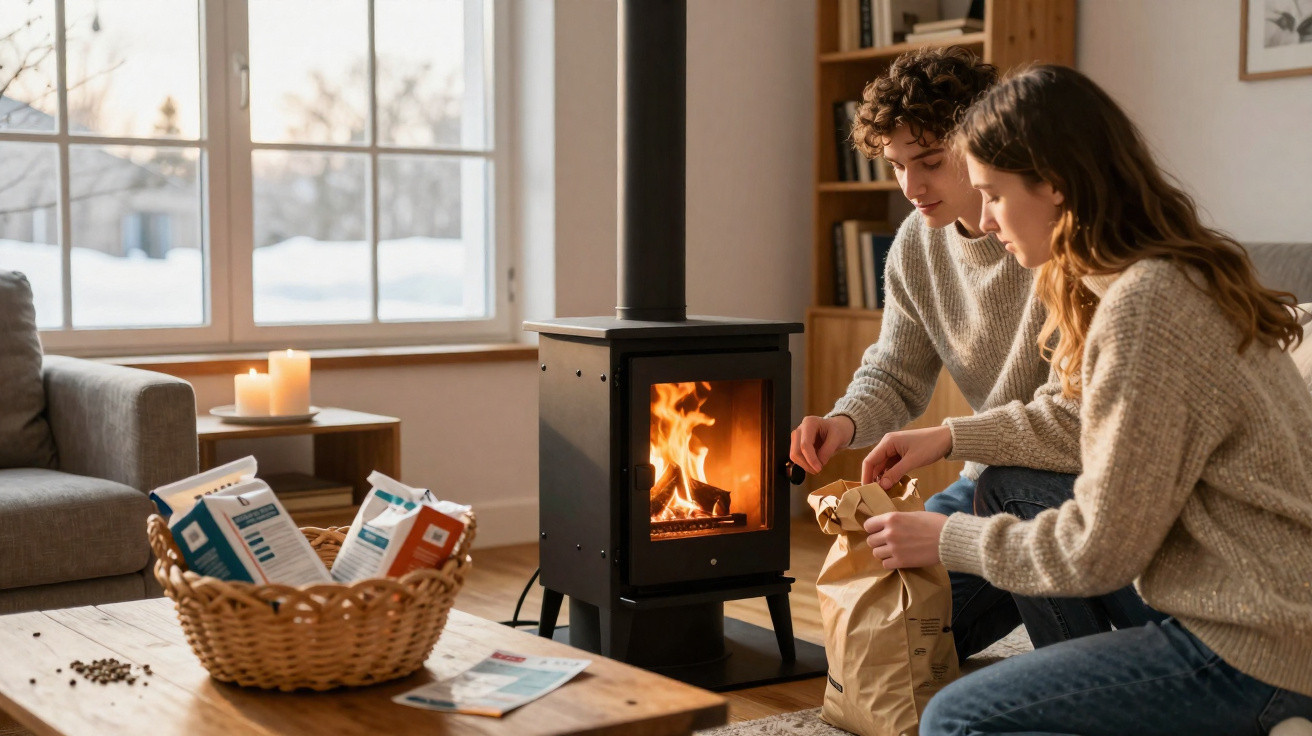 Young couple sitting by a lit wood stove in a cosy living room with winter scenery outside the window.