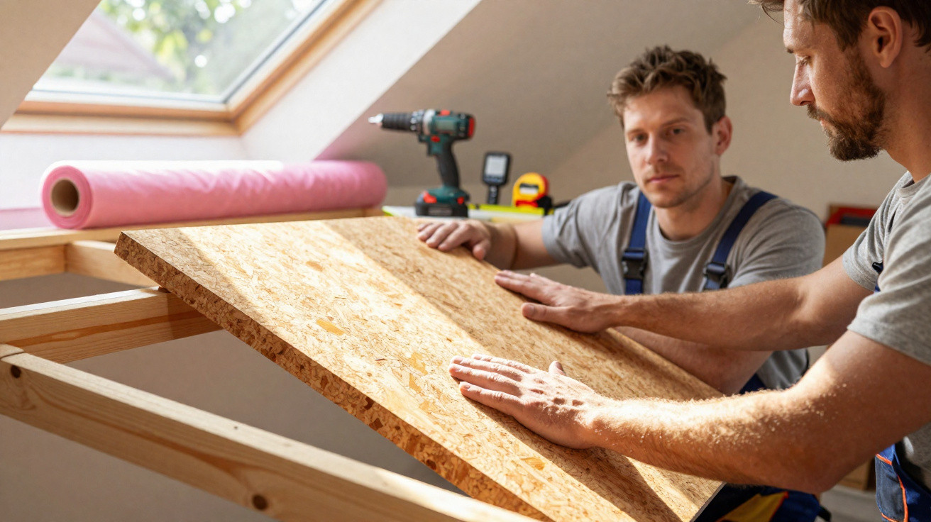 Two men installing a wooden panel in a room with angled skylight window and tools on the sill.