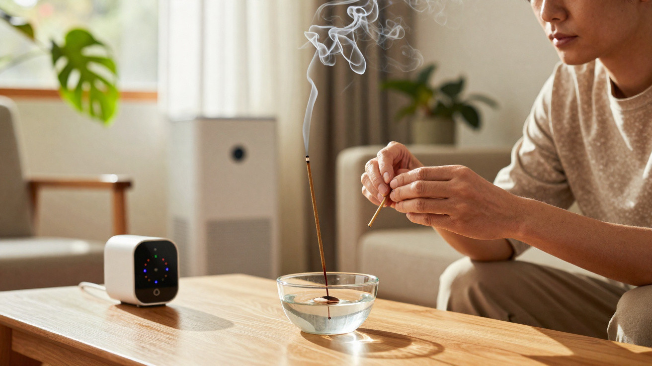 Person lighting incense stick in a glass bowl on a wooden table with smoke rising in a living room setting.
