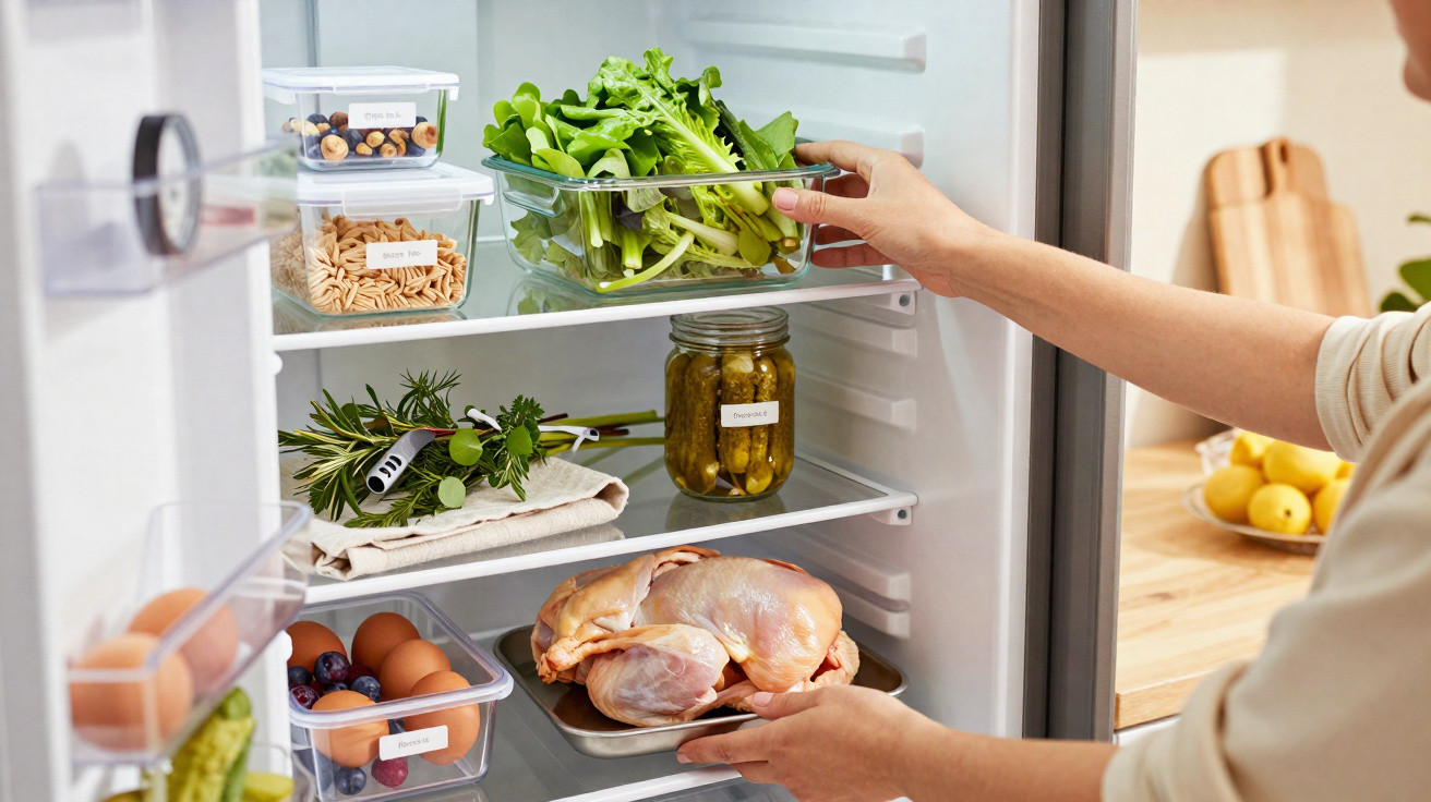 Person organising fresh greens and raw chicken in a well-stocked fridge with labelled containers and jars.