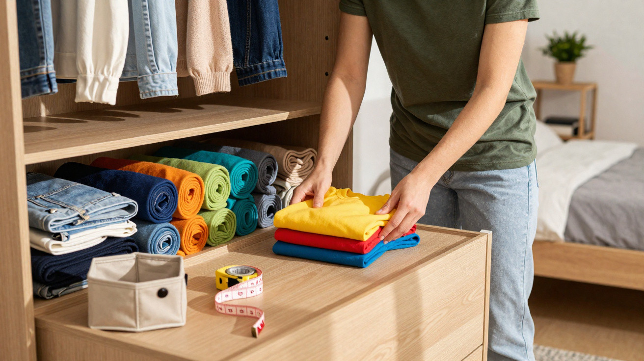 Person organising folded colourful clothes on a wooden dresser with jeans and jackets hanging above.