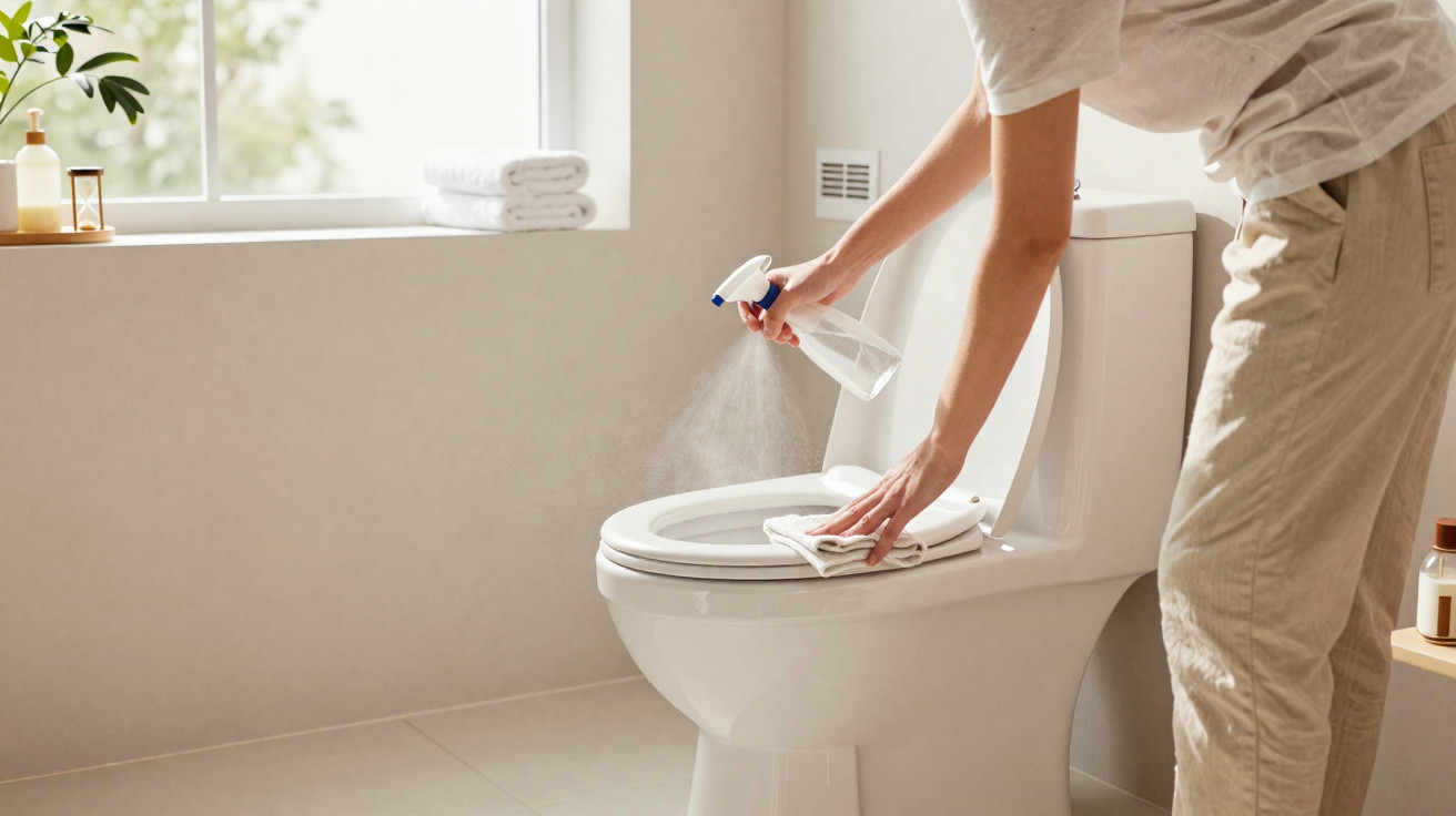 Person cleaning a white toilet with a spray bottle and cloth in a bright bathroom.